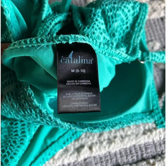 Teal Blue Green Crochet Lined Strap One Piece Swimsuit Tank by Catalina size M - Picture 3 of 4
